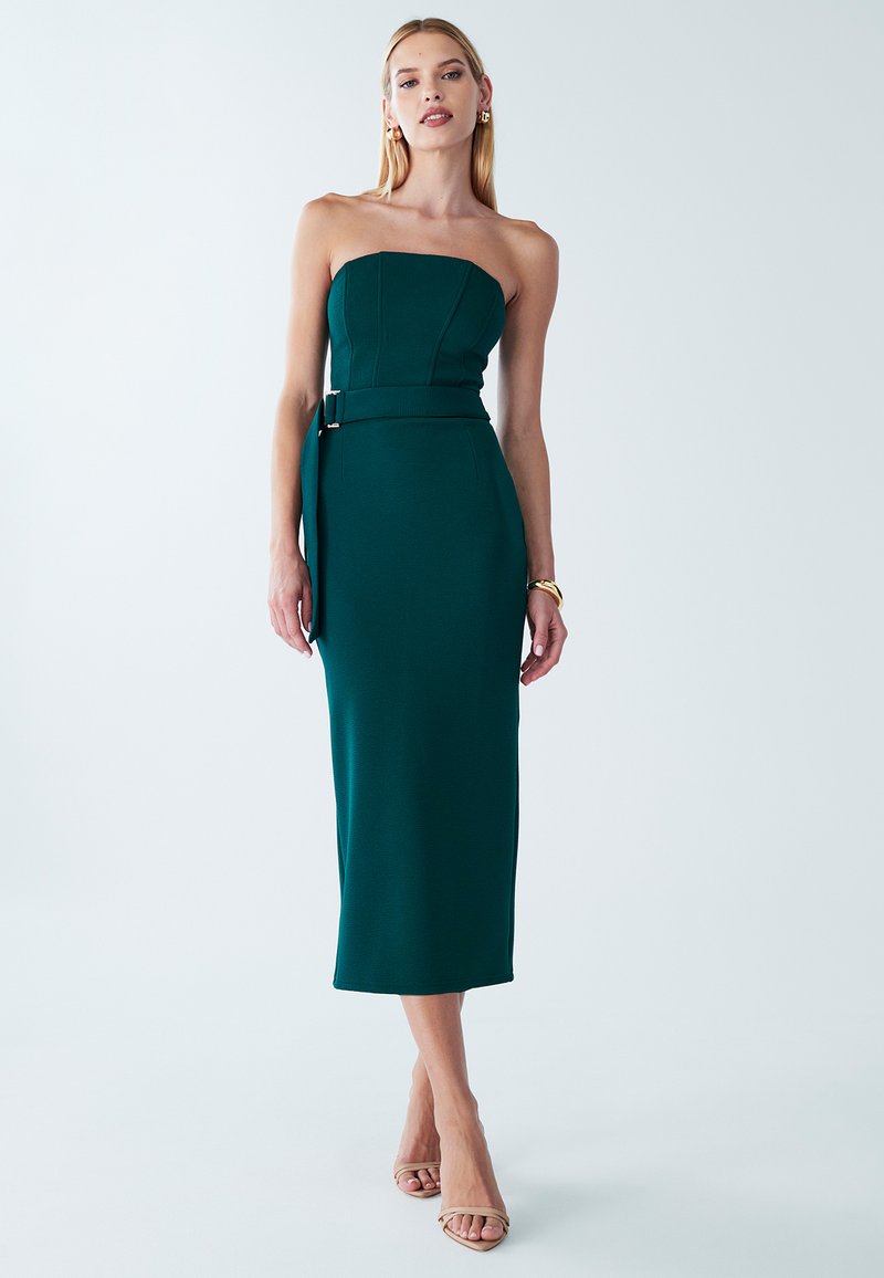 Strapless, fitted green midi dress with textured fabric, belted waist, and a straight silhouette. Smooth, minimal design with no patterns.