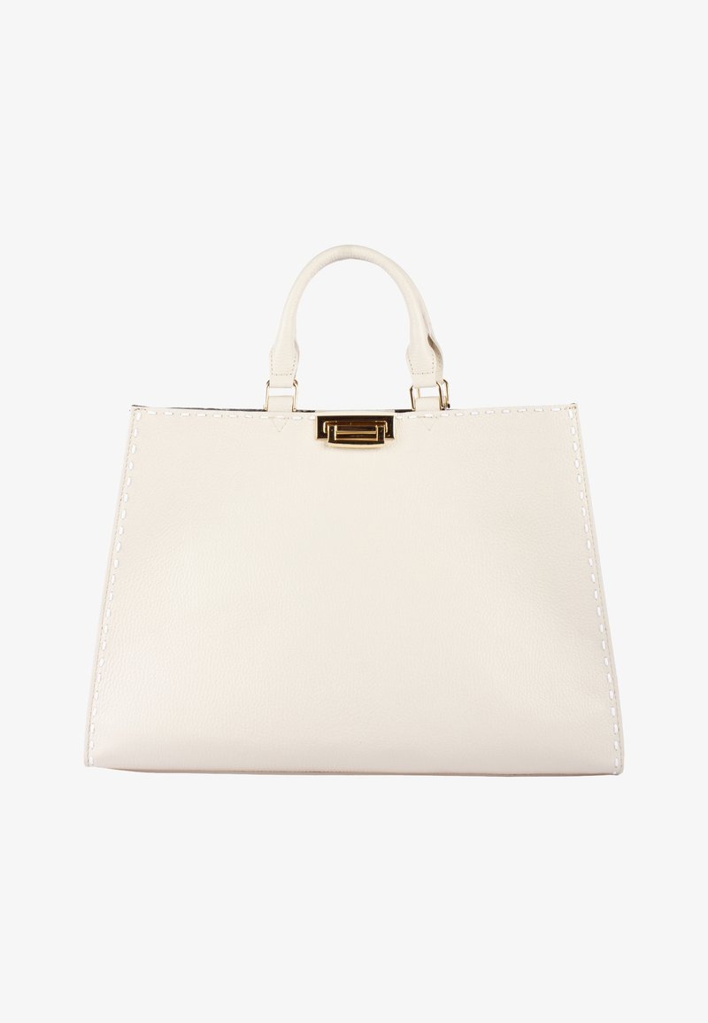 Sac à main en cuir blanc avec double poignées, forme rectangulaire, ferrures dorées et détails de surpiqûres contrastantes le long des bords.