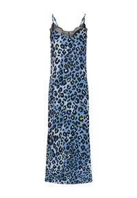 Blauwe luipaardprint slipdress met zwarte kanten accenten, spaghettibandjes en een rechte silhouet, gemaakt van een soepele stof.