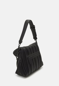 Black pleated handbag with a zippered front pocket, adjustable strap, and a soft, textured finish. Compact shape enhances durability.