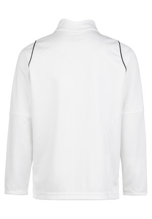 White long-sleeve shirt with a stand collar, featuring black accent stitching along the shoulders, made of smooth, lightweight fabric.