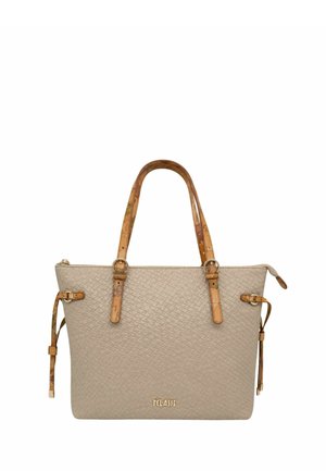 Borsa a mano in pelle intrecciata beige con manici marrone chiaro decorati con motivo mappa, cinturini laterali, cerniera dorata e logo "7 CLASSE" dorato sul davanti.