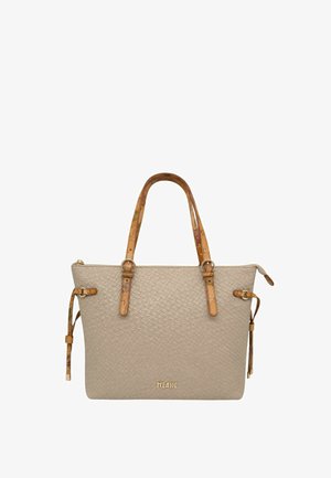 Borsa a mano in pelle intrecciata beige con manici marrone chiaro decorati con motivo mappa, cinturini laterali, cerniera dorata e logo "7 CLASSE" dorato sul davanti.