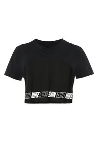 Svart kortärmad t-shirt i mjukt tyg, med ett meshpanel, rund halsringning och en tydlig vit "NIKE"-logotyp längs nederkanten.