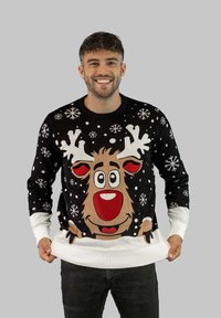 Schwarzer Pullover mit einem Cartoon-Reindeer mit roter Nase, Schneeflocken und weißen Ärmeln. Gerippte Säume; weicher Strickstoff.