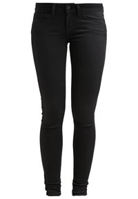 Jeans ajustados negros hechos de denim elástico, con un diseño clásico de cinco bolsillos y un cierre de botón en la cintura.