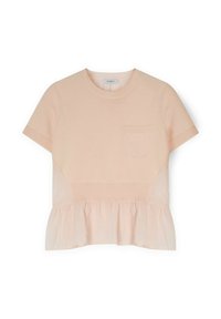 Růžový top s krátkým rukávem má texturovaný úplet na vrchu a volánkový spodní lem z šifonu. Obsahuje malou kapsu na levé straně.