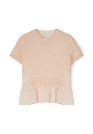 Roze T-shirt met korte mouwen, voorzien van een gestructureerde brei bovenkant en een gerimpelde chiffon zoom. Heeft een klein zakje aan de linkerkant.