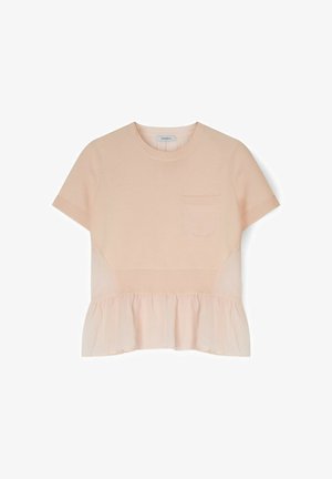 Top rosa de manga corta con un tejido de punto texturizado en la parte superior y un dobladillo de gasa con volantes. Presenta un pequeño bolsillo en el lado izquierdo.