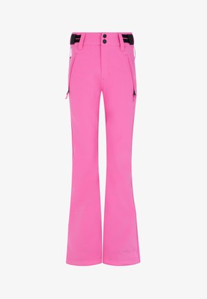 Pantalon de ski rose avec une coupe évasée, fabriqué en tissu lisse. Dispose de deux poches zippées sur les côtés et d'une taille noire avec des fermetures à bouton.