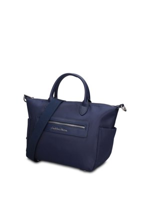 Sac fourre-tout bleu marine avec poignées supérieures, bandoulière amovible, poche avant zippée et poches latérales, fabriqué en tissu lisse.