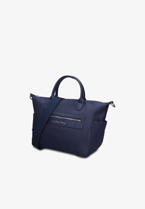 Donkerblauwe draagtas met bovenhandvatten, afneembare schouderriem, voorvak met rits en zijvakken, gemaakt van gladde stof.