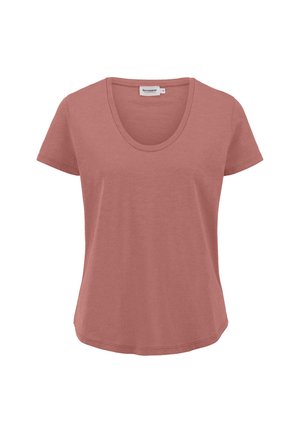 T-paita lyhyillä hihoilla, pyöreällä kaula-aukolla ja pölyruusun värillä. Valmistettu pehmeästä kankaasta, rento istuvuus ja pyöristetty helma, jossa on minimaalista ompelua.