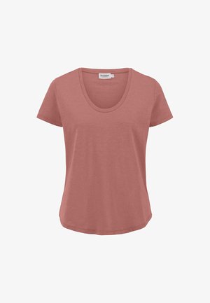 T-paita lyhyillä hihoilla, pyöreällä kaula-aukolla ja pölyruusun värillä. Valmistettu pehmeästä kankaasta, rento istuvuus ja pyöristetty helma, jossa on minimaalista ompelua.