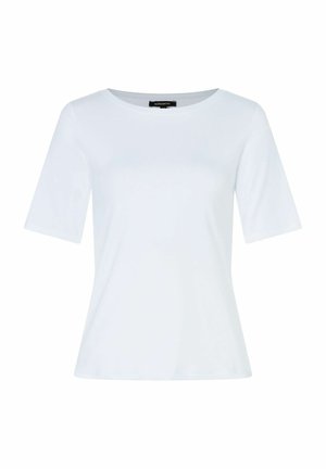 Weißes T-Shirt mit kurzen Ärmeln und rundem Ausschnitt. Aus glattem Stoff gefertigt, hat es eine leicht ausgestellte Form und ein schlichtes Design ohne sichtbare Muster.