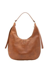 Borsa a spalla in pelle marrone con un design curvo, tracolla regolabile e senza chiusure visibili. Texture liscia con una finitura morbida e opaca.