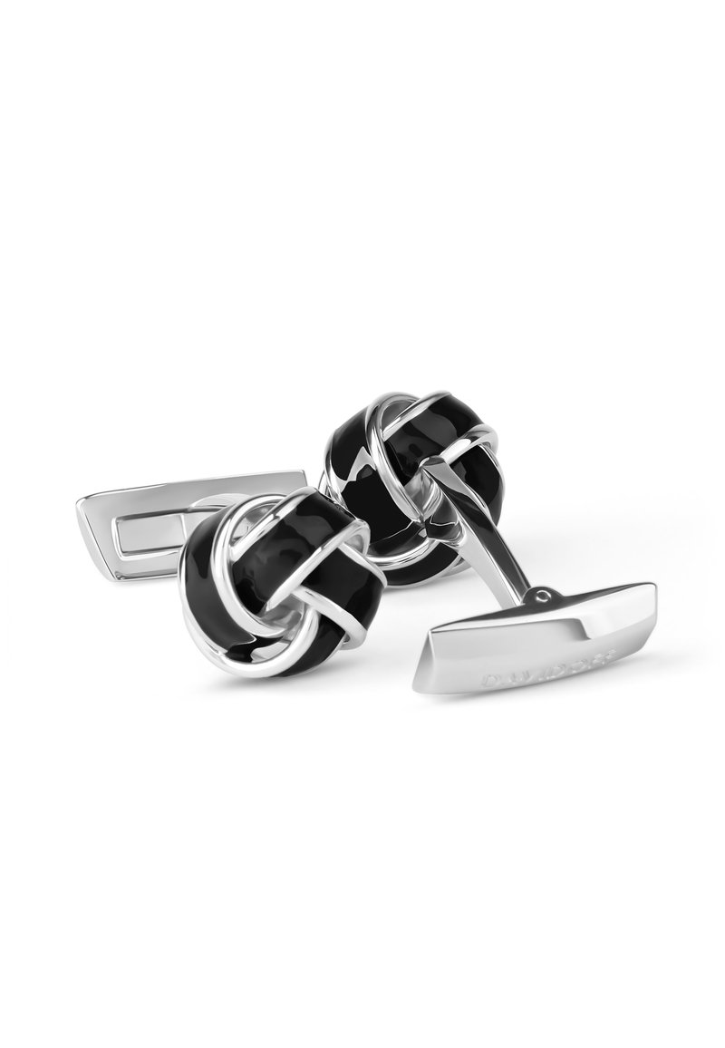 Silver-tone cufflinks featuring a knot design with black enamel accents, polished finish, and a standard swivel closure mechanism.