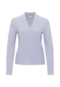 Ljuslila stickad tröja med V-ringning, långa ärmar och ribbad textur. Har en ren design utan mönster eller synlig hårdvara.
