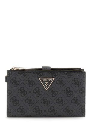 Portefeuille noir Guess avec logo à motif, emblème triangulaire en métal Guess USA et deux compartiments zippés sur le dessus.