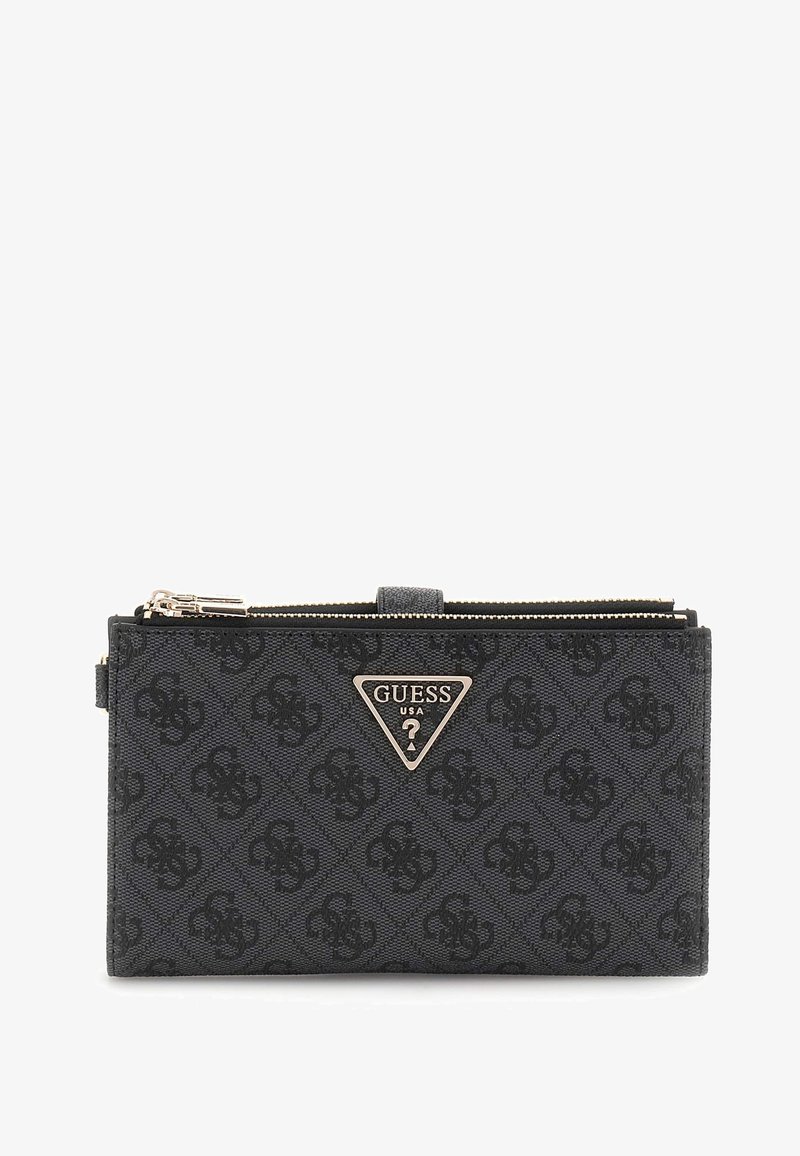 Portefeuille noir Guess avec logo à motif, emblème triangulaire en métal Guess USA et deux compartiments zippés sur le dessus.