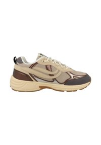 Beige mesh sneaker with brown leather accents, light gray details, and a textured sole. Features round laces and a padded collar.
