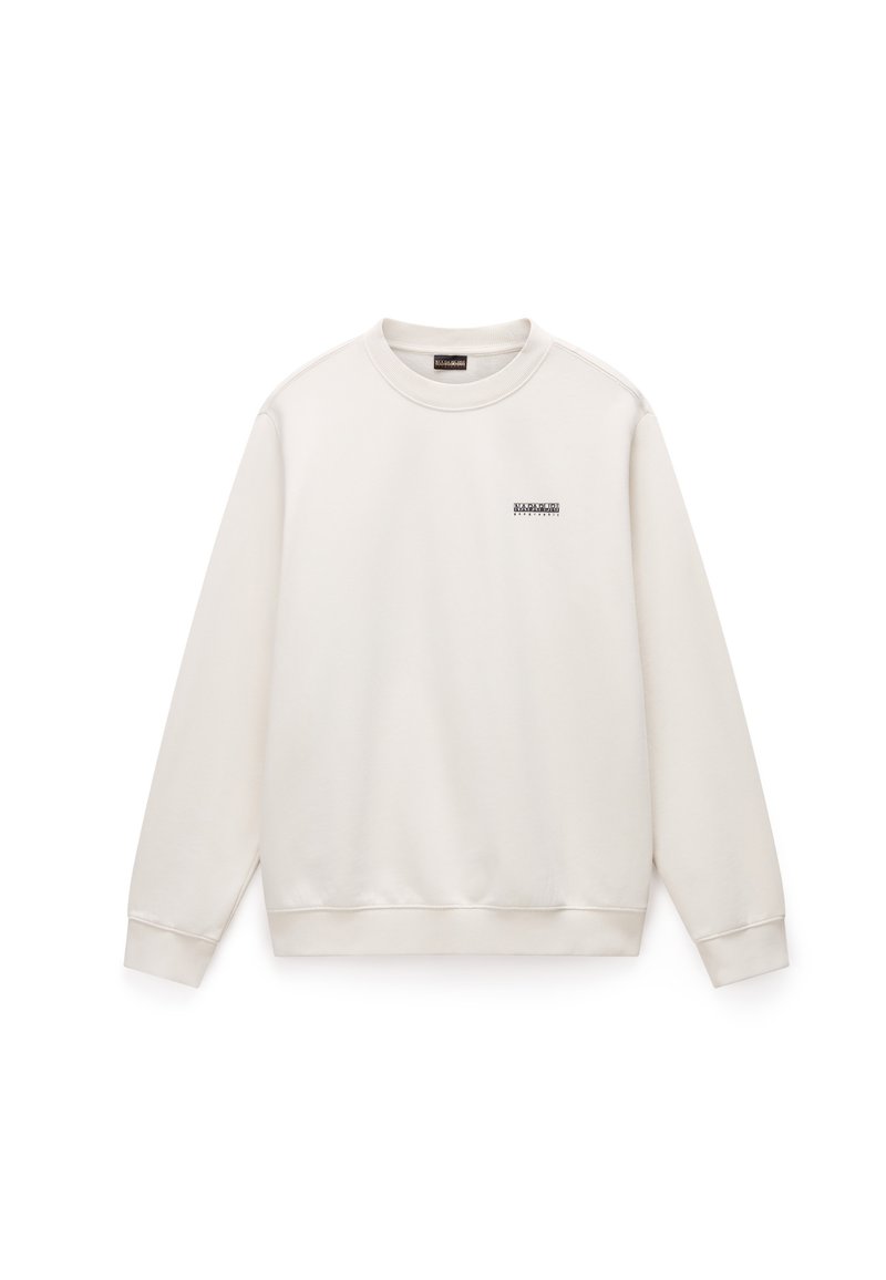 Pullover-sweatshirt i lysebeige, lavet af blødt stof. Har rund hals, ribbede ærmekanter og en lille logo på brystet.