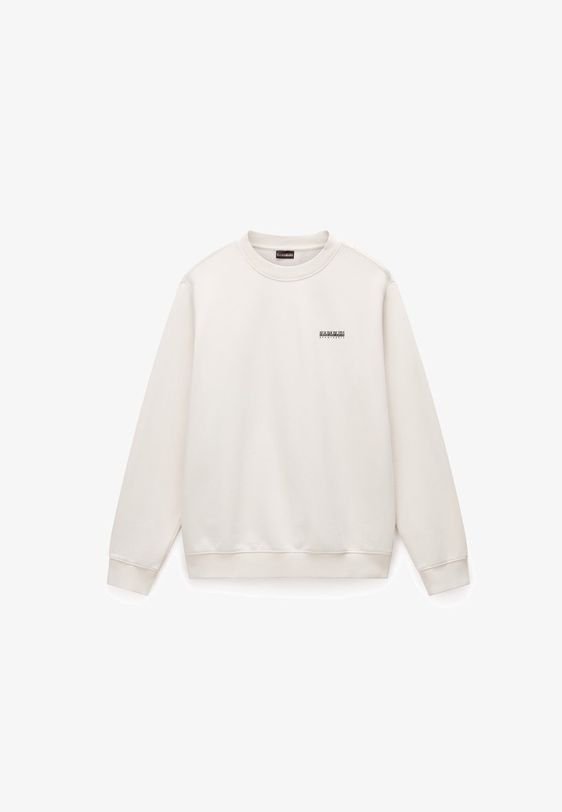 Pullover-sweatshirt i lysebeige, lavet af blødt stof. Har rund hals, ribbede ærmekanter og en lille logo på brystet.