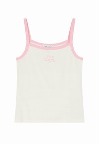 Hvit tanktopp med rosa detaljer, spaghetti-stropper og en trykt setning i lys rosa. Har en myk ribbevariant.