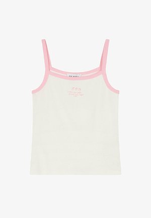 Biela tielko s ružovými akcentmi, na tenkých ramienkach a s potlačenou frázou v svetloružovej farbe. Obsahuje jemnú rebrovanú textúru.