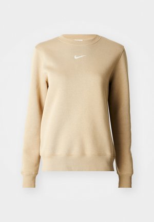 Beige Sweatshirt aus Baumwollmischgewebe mit einem gerippten Rundhalsausschnitt, langen Ärmeln und einem kleinen weißen Nike-Logo auf der Brust.