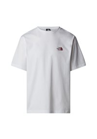 Camiseta de algodón blanca con cuello redondo y mangas cortas. En el lado izquierdo del pecho presenta un pequeño logo rojo con un diseño curvado.