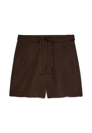 Brune højtaljede skræddersyede shorts med syede forreste læg og matchende stofbælte bundet ved taljen.