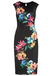 Robe noire cintrée sans manches avec imprimé floral multicolore descendant en diagonale de l'épaule à l'ourlet.