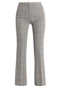 Rutig byxa i grått och beige, med hög midja, skräddarsydd passform, utsvängda ben och en ren midjeband med en dold dragkedja.