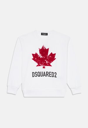 Sudadera blanca con un gran gráfico de una hoja de arce roja y el texto en negrita negro "DSQUARED2". Mangas largas, cuello redondo y puños de canalé.