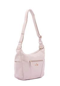 Lichtbeige leren handtas met een slouchy ontwerp, enkele verstelbare schouderriem, een voorklep met rits en accenten van goudkleurig hardware.