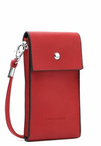 Rote Lederhandytasche mit strukturiertem Finish, schwarzen Akzenten, magnetischem Druckverschluss und abnehmbarem Trageriemen. Mit eingestanztem Markennamen.