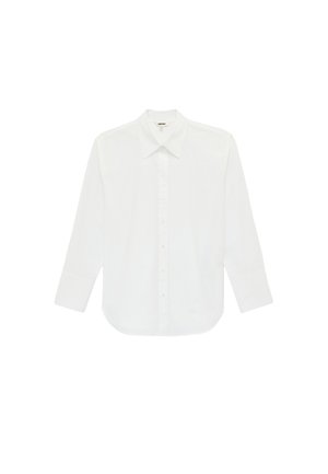 Weißes Langarm-Hemd mit Knopfleiste und spitzem Kragen, flach liegend vor weißem Hintergrund dargestellt.