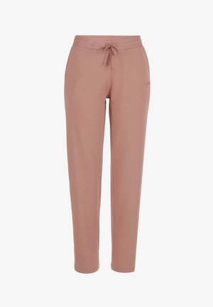 Pantaloni jogger rosa realizzati in tessuto morbido, con vita regolabile tramite cordoncino, gambe affusolate e discreta marchiatura sul lato.