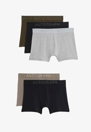 Cuatro pares de boxers en verde oscuro, negro, gris claro y beige, con tejido suave y cinturillas elásticas de marca.