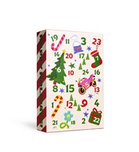 Julekalender med hvid baggrund, der præsenterer farverige illustrationer som et juletræ, slikstokke, en lyserød motorcykel og festlige detaljer.