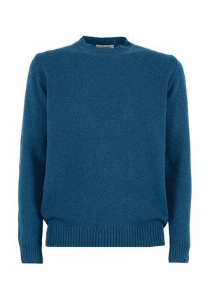 Maglione blu in lana con scollo a girocollo a costine e polsini. Presenta una maglia testurizzata e una vestibilità rilassata. Nessun motivo o hardware visibile.