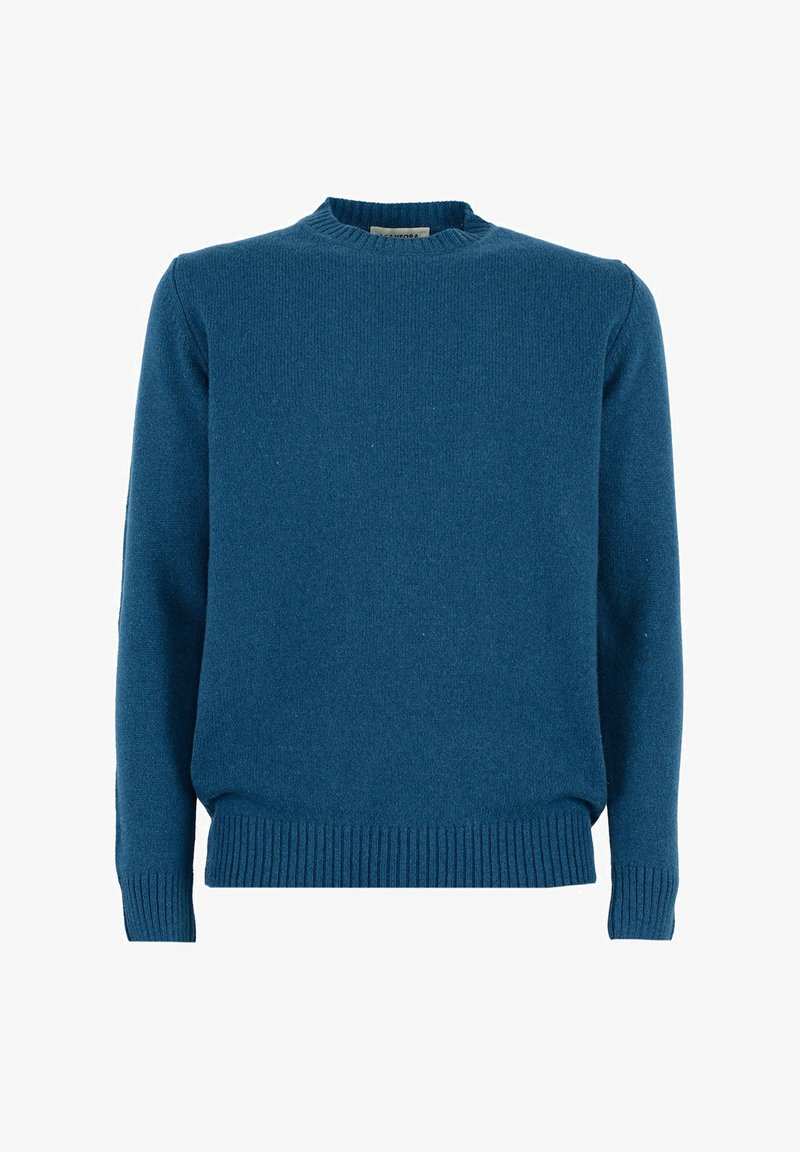 Maglione blu in lana con scollo a girocollo a costine e polsini. Presenta una maglia testurizzata e una vestibilità rilassata. Nessun motivo o hardware visibile.