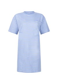 Striped t-shirt dress in light blue and white, featuring short sleeves, a round neckline, and a chest pocket. Soft cotton material.
