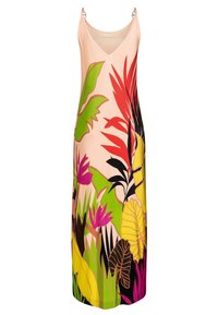 Robe sans manches en pêche clair, avec des motifs de feuilles tropicales vibrants en vert, rouge, noir, rose et jaune. Décolleté en V avec des accents métalliques.