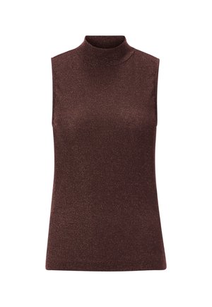 Bruine mouwloze top met een hoge opstaande kraag, gemaakt van een glanzende, gestructureerde stof met fijne gouden draadjes erin verwerkt.