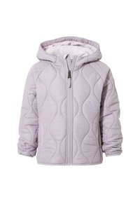 Quilted lavender jacket with a hood, featuring a full zipper and side pockets. Textile appears smooth with a patterned texture.