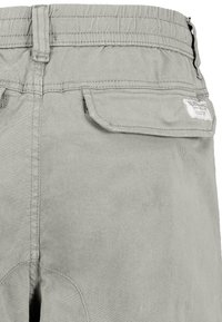 Graue Cargo-Shorts aus weichem Baumwoll-Mix, mit einem elastischen Bund und einer hinteren Klappentasche mit einem Etikett.