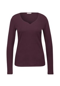 Maglia a maniche lunghe in maglia a costine di un profondo colore prugna, con un leggero scollo a V e una vestibilità rilassata.