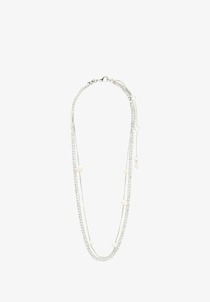 Collier multi-brins en argent mettant en avant une combinaison de petites perles rondes et de pierres claires scintillantes, avec un fermoir en forme de homard.